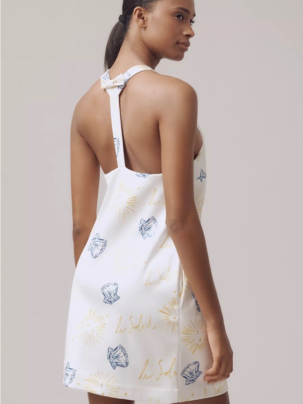 Anthropologie Cream Blouse with Navy Shell & Yellow Script Print